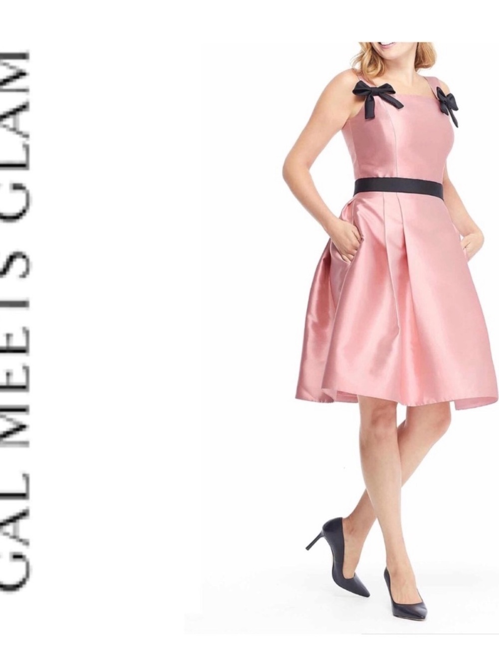 Pink Satin Midi Dress with Black Bow Straps and Waist